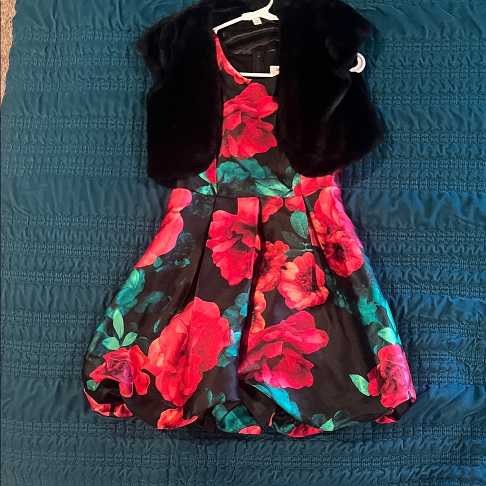 Speechless Black Dress with Red Floral Print and Green Leaves